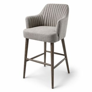 Modern Ribbed Upholstered Bar Stool – Grey Fabric Seat with Wood Legs 