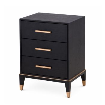 Delta Black Wood 3 Drawer Bedside Table with Gold Accents  