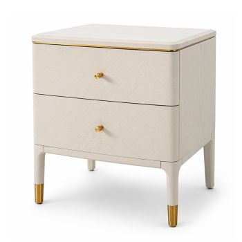 Marlow Off-White Bedside Table 2 Drawers with Gold Accents  