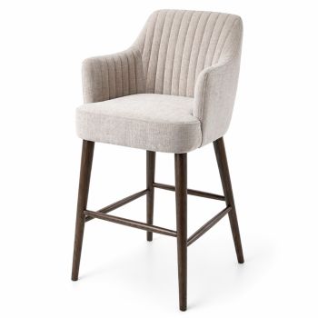 Modern Ribbed Upholstered Bar Stool – Cream Fabric Seat with Dark Wood Legs  