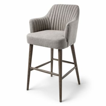 Modern Ribbed Upholstered Bar Stool – Grey Fabric Seat with Wood Legs  