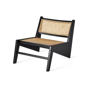 Modern Black Wooden Lounge Chair with Natural Cane Seat & Backrest  